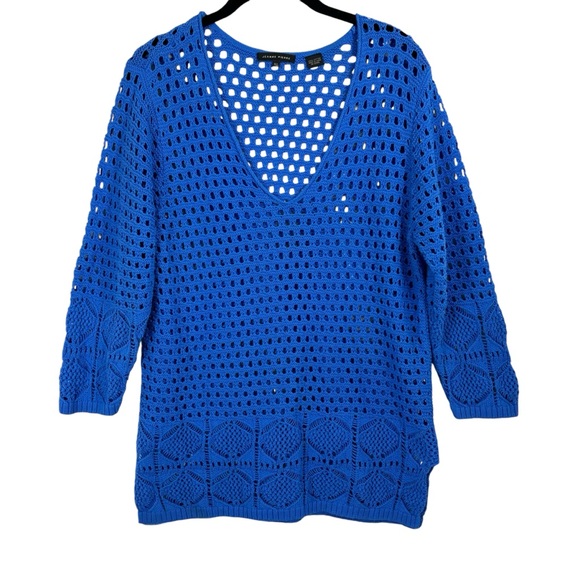 Jeanne Pierre Knit Crochet Pullover via Neck Sweater 3/4 Sleeve Blue Size XL - Picture 1 of 7